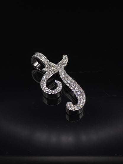 Custom Initial Moissanite Pendant, 1.5 Inch Script Letter, Baguette & Round Cut VVS1, 925 Sterling Silver, Personalized Hip Hop Jewelry