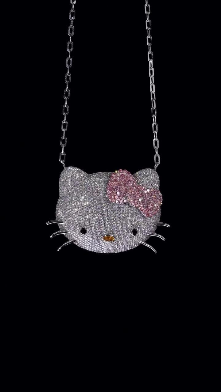 2 Inch Hello Kitty Pendant with Long Link Cable Chain, VVS1 Moissanite & Lab Created Gemstones, 925 Sterling Silver, Passes Diamond Tester