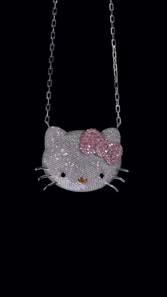 2 Inch Hello Kitty Pendant with Long Link Cable Chain, VVS1 Moissanite & Lab Created Gemstones, 925 Sterling Silver, Passes Diamond Tester