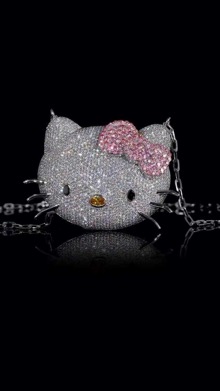 2 Inch Hello Kitty Pendant with Long Link Cable Chain, VVS1 Moissanite & Lab Created Gemstones, 925 Sterling Silver, Passes Diamond Tester