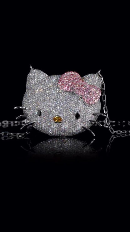 2 Inch Hello Kitty Pendant with Long Link Cable Chain, VVS1 Moissanite & Lab Created Gemstones, 925 Sterling Silver, Passes Diamond Tester