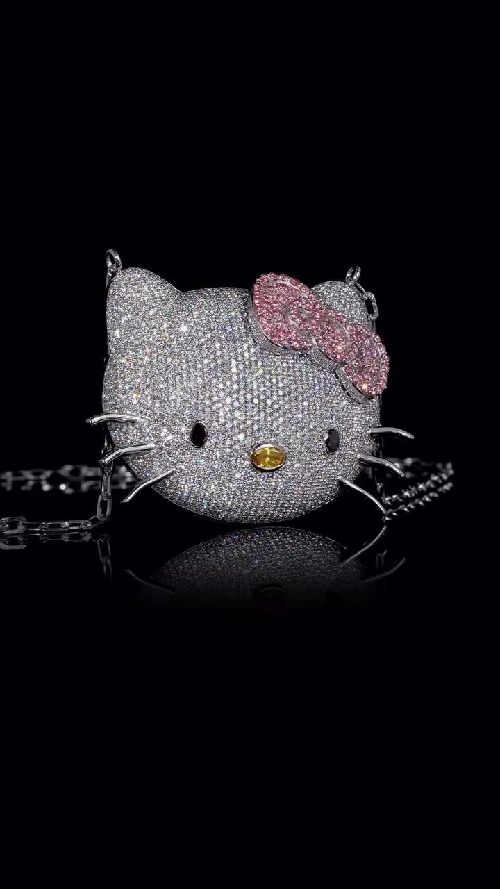 2 Inch Hello Kitty Pendant with Long Link Cable Chain, VVS1 Moissanite & Lab Created Gemstones, 925 Sterling Silver, Passes Diamond Tester
