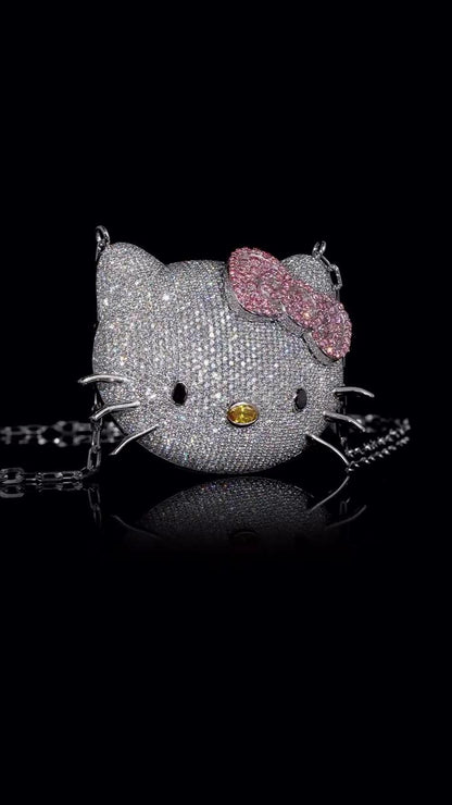 2 Inch Hello Kitty Pendant with Long Link Cable Chain, VVS1 Moissanite & Lab Created Gemstones, 925 Sterling Silver, Passes Diamond Tester