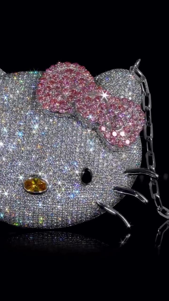 2 Inch Hello Kitty Pendant with Long Link Cable Chain, VVS1 Moissanite & Lab Created Gemstones, 925 Sterling Silver, Passes Diamond Tester