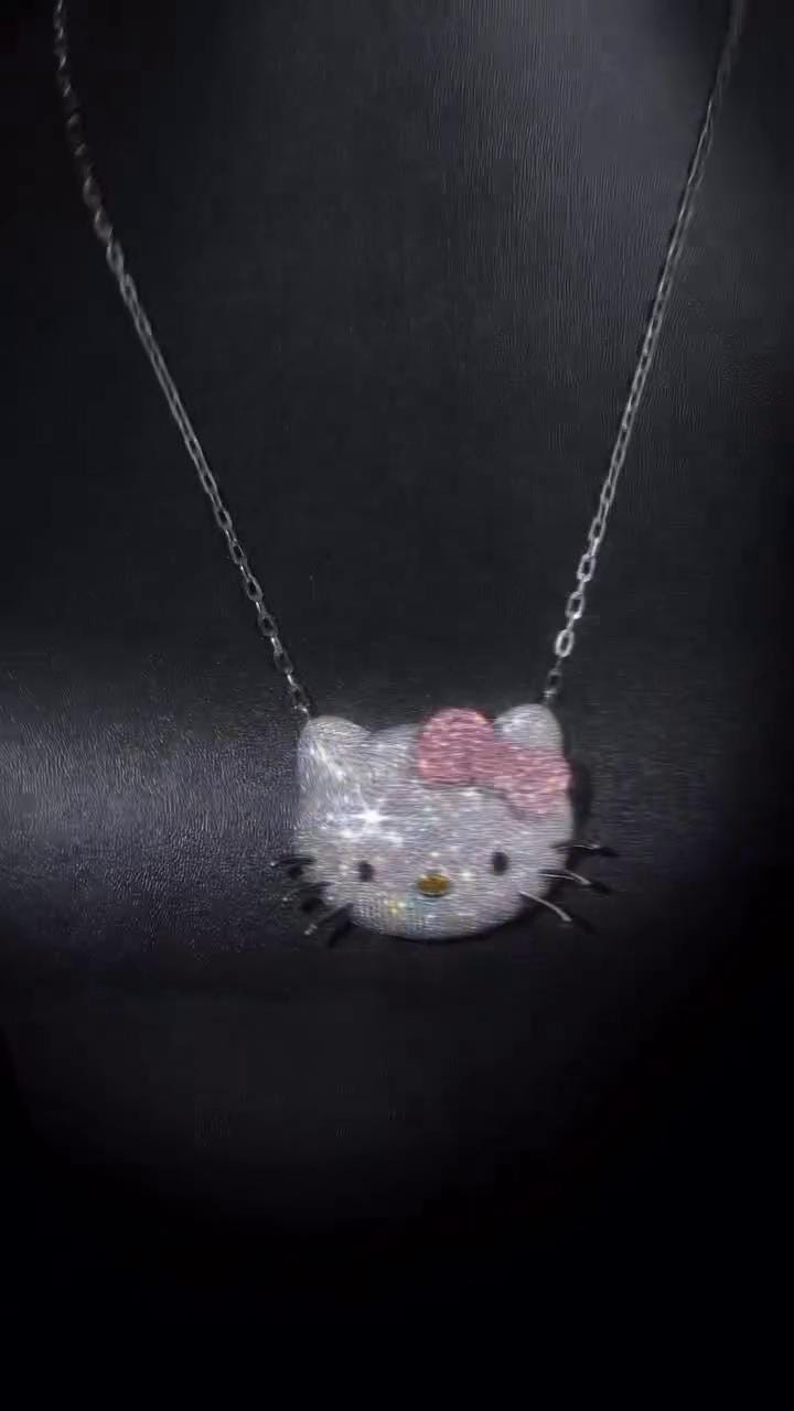 2 Inch Hello Kitty Pendant with Long Link Cable Chain, VVS1 Moissanite & Lab Created Gemstones, 925 Sterling Silver, Passes Diamond Tester