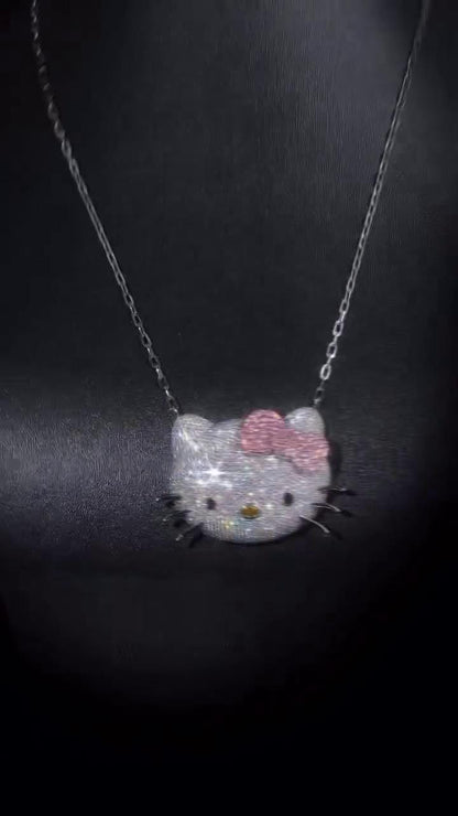 2 Inch Hello Kitty Pendant with Long Link Cable Chain, VVS1 Moissanite & Lab Created Gemstones, 925 Sterling Silver, Passes Diamond Tester