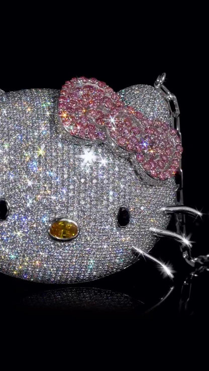 2 Inch Hello Kitty Pendant with Long Link Cable Chain, VVS1 Moissanite & Lab Created Gemstones, 925 Sterling Silver, Passes Diamond Tester