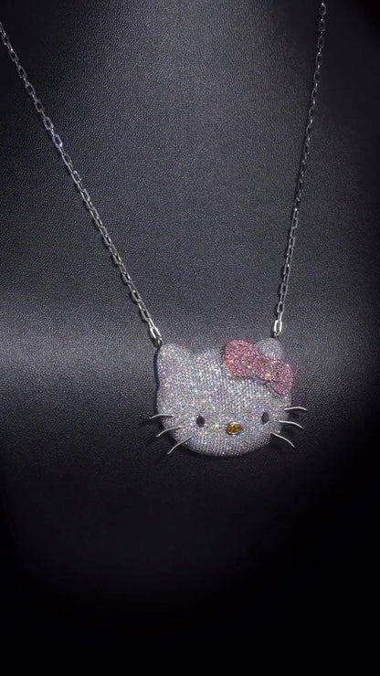 2 Inch Hello Kitty Pendant with Long Link Cable Chain, VVS1 Moissanite & Lab Created Gemstones, 925 Sterling Silver, Passes Diamond Tester