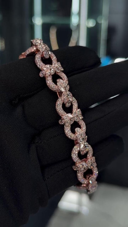 14mm Floral Link Moissanite Bracelet, Rose Gold Plated 925 Silver, Marquise & Round VVS1 Stones, Iced Out Hip Hop Jewelry