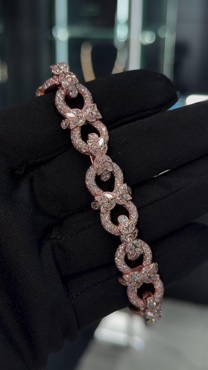 14mm Floral Link Moissanite Bracelet, Rose Gold Plated 925 Silver, Marquise & Round VVS1 Stones, Iced Out Hip Hop Jewelry