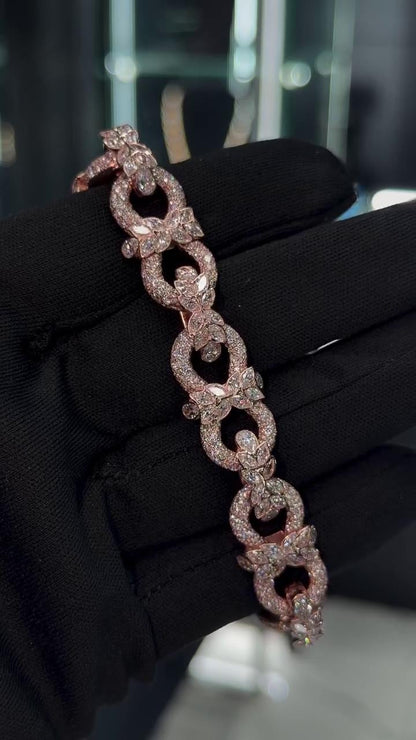 14mm Floral Link Moissanite Bracelet, Rose Gold Plated 925 Silver, Marquise & Round VVS1 Stones, Iced Out Hip Hop Jewelry