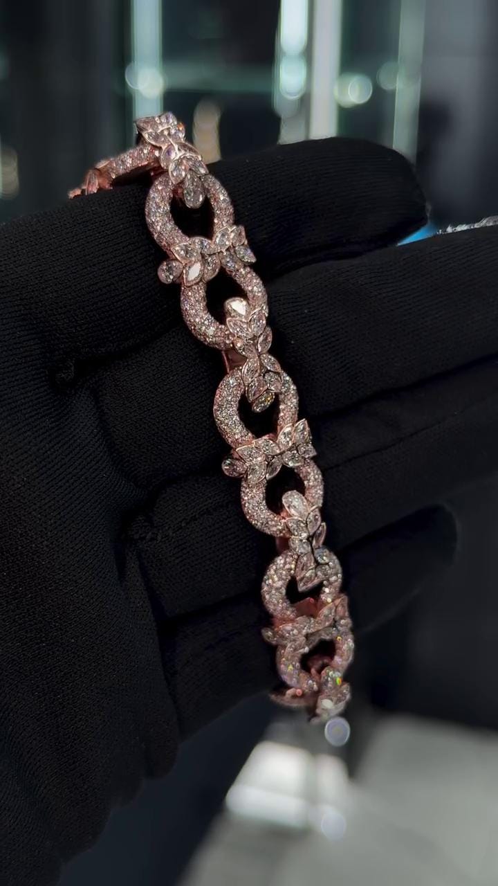 14mm Floral Link Moissanite Bracelet, Rose Gold Plated 925 Silver, Marquise & Round VVS1 Stones, Iced Out Hip Hop Jewelry
