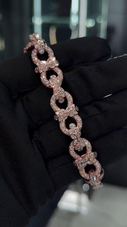 14mm Floral Link Moissanite Bracelet, Rose Gold Plated 925 Silver, Marquise & Round VVS1 Stones, Iced Out Hip Hop Jewelry