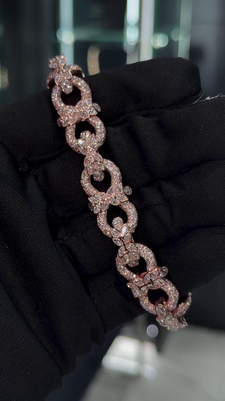 14mm Floral Link Moissanite Bracelet, Rose Gold Plated 925 Silver, Marquise & Round VVS1 Stones, Iced Out Hip Hop Jewelry