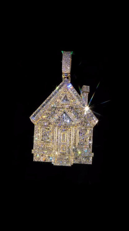 Custom Trap House Pendant, Fully Iced VVS1 Moissanite House Pendant, Yellow Gold Plated 925 Silver, Hip Hop Jewelry