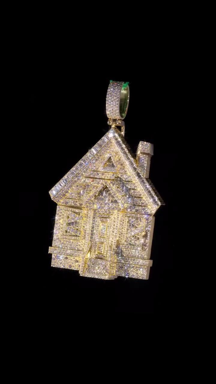 Custom Trap House Pendant, Fully Iced VVS1 Moissanite House Pendant, Yellow Gold Plated 925 Silver, Hip Hop Jewelry