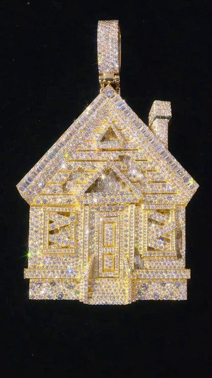 Custom Trap House Pendant, Fully Iced VVS1 Moissanite House Pendant, Yellow Gold Plated 925 Silver, Hip Hop Jewelry