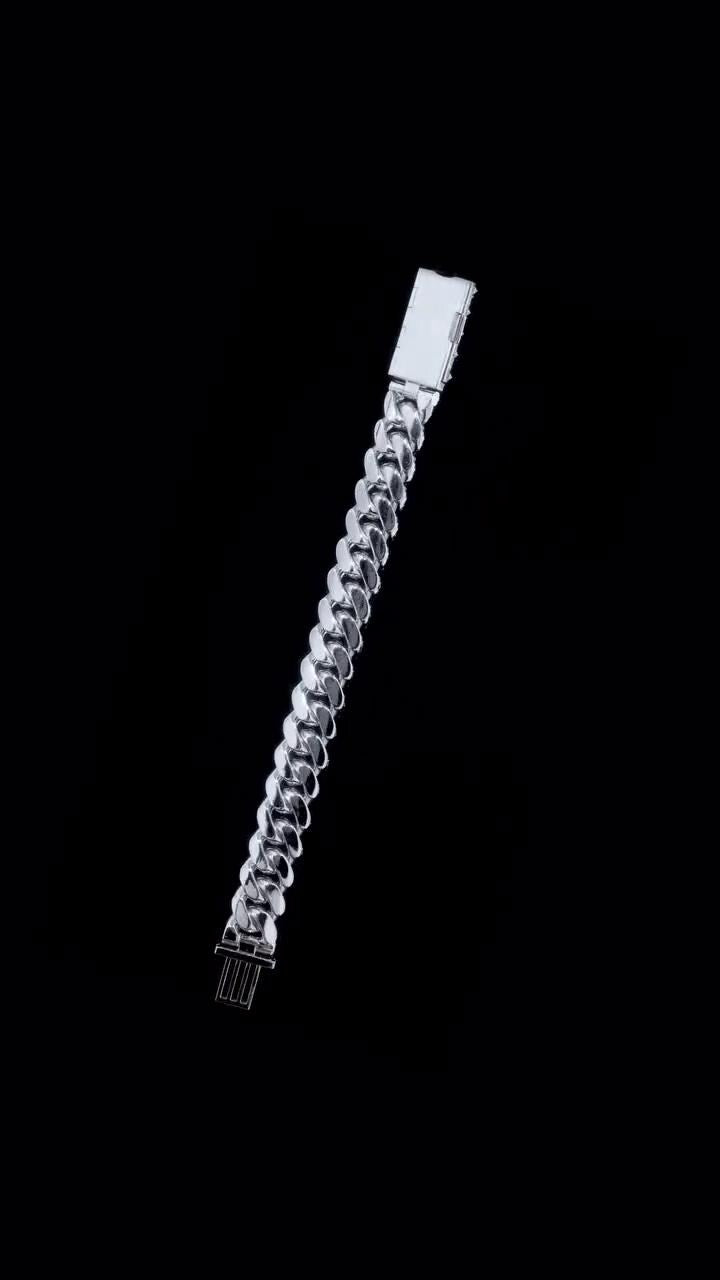 18mm Single Row Miami Cuban Link Bracelet, Rhodium Plated 925 Silver, VVS Moissanite, Passes Diamond Tester