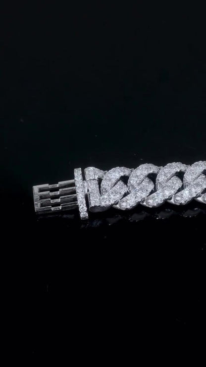 18mm Single Row Miami Cuban Link Bracelet, Rhodium Plated 925 Silver, VVS Moissanite, Passes Diamond Tester