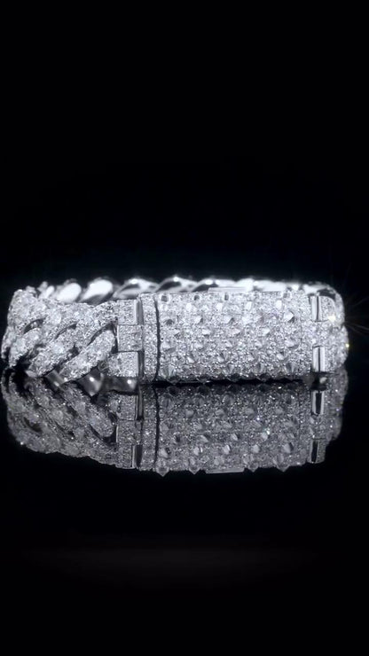 18mm Single Row Miami Cuban Link Bracelet, Rhodium Plated 925 Silver, VVS Moissanite, Passes Diamond Tester