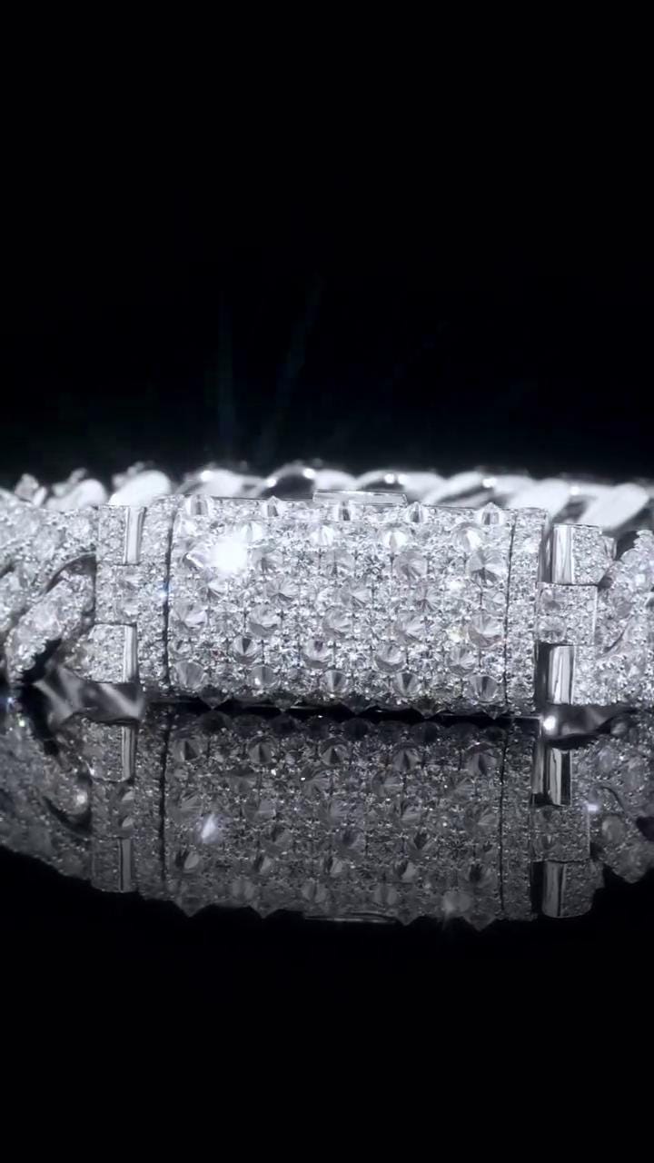 18mm Single Row Miami Cuban Link Bracelet, Rhodium Plated 925 Silver, VVS Moissanite, Passes Diamond Tester