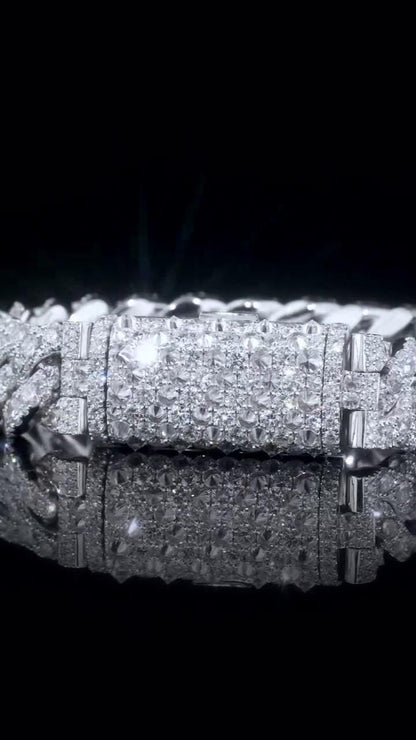 18mm Single Row Miami Cuban Link Bracelet, Rhodium Plated 925 Silver, VVS Moissanite, Passes Diamond Tester