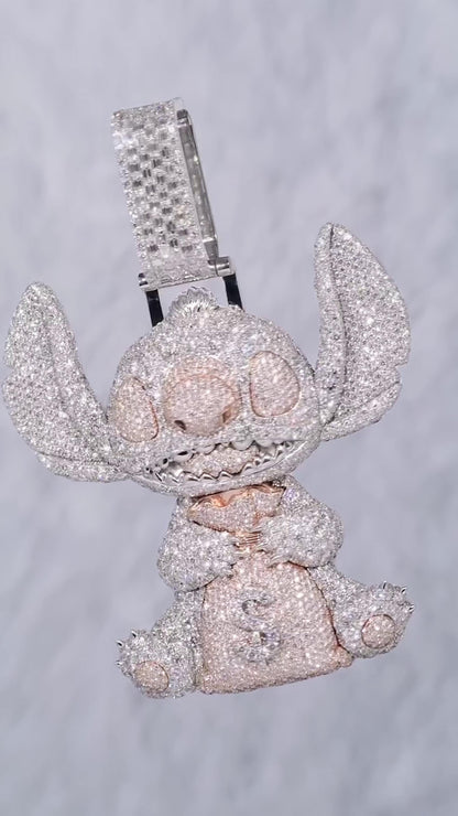 Custom Moissanite Character Pendant, 3D Money Bag Design, 925 Sterling Silver, Iced Out Hip Hop Jewelry