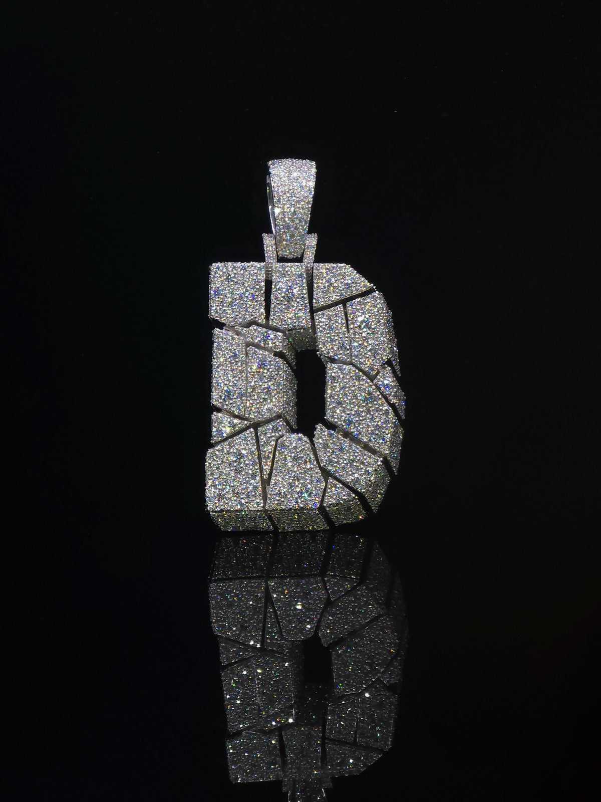 Custom Moissanite Initial Pendant, 3D Cracked Letter Pendant, 925 Sterling Silver, Iced Out Personalized Hip Hop Jewelry