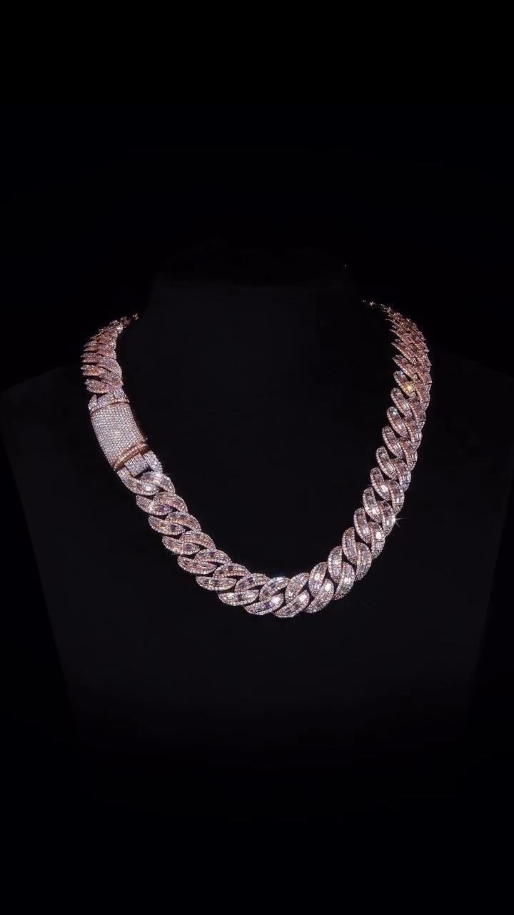 18mm Emerald Cut Moissanite Cuban Link Chain, VVS1 Moissanite Necklace, 925 Sterling Silver, Rose Gold Plated