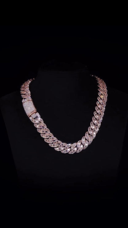 18mm Emerald Cut Moissanite Cuban Link Chain, VVS1 Moissanite Necklace, 925 Sterling Silver, Rose Gold Plated