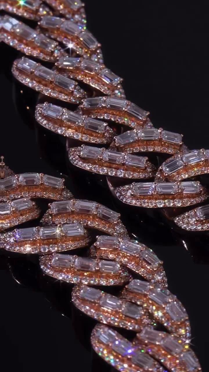 18mm Emerald Cut Moissanite Cuban Link Chain, VVS1 Moissanite Necklace, 925 Sterling Silver, Rose Gold Plated