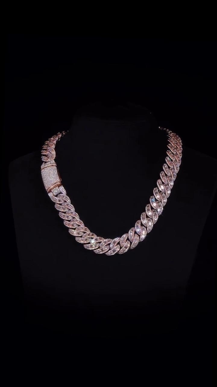 18mm Emerald Cut Moissanite Cuban Link Chain, VVS1 Moissanite Necklace, 925 Sterling Silver, Rose Gold Plated