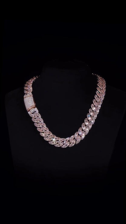 18mm Emerald Cut Moissanite Cuban Link Chain, VVS1 Moissanite Necklace, 925 Sterling Silver, Rose Gold Plated