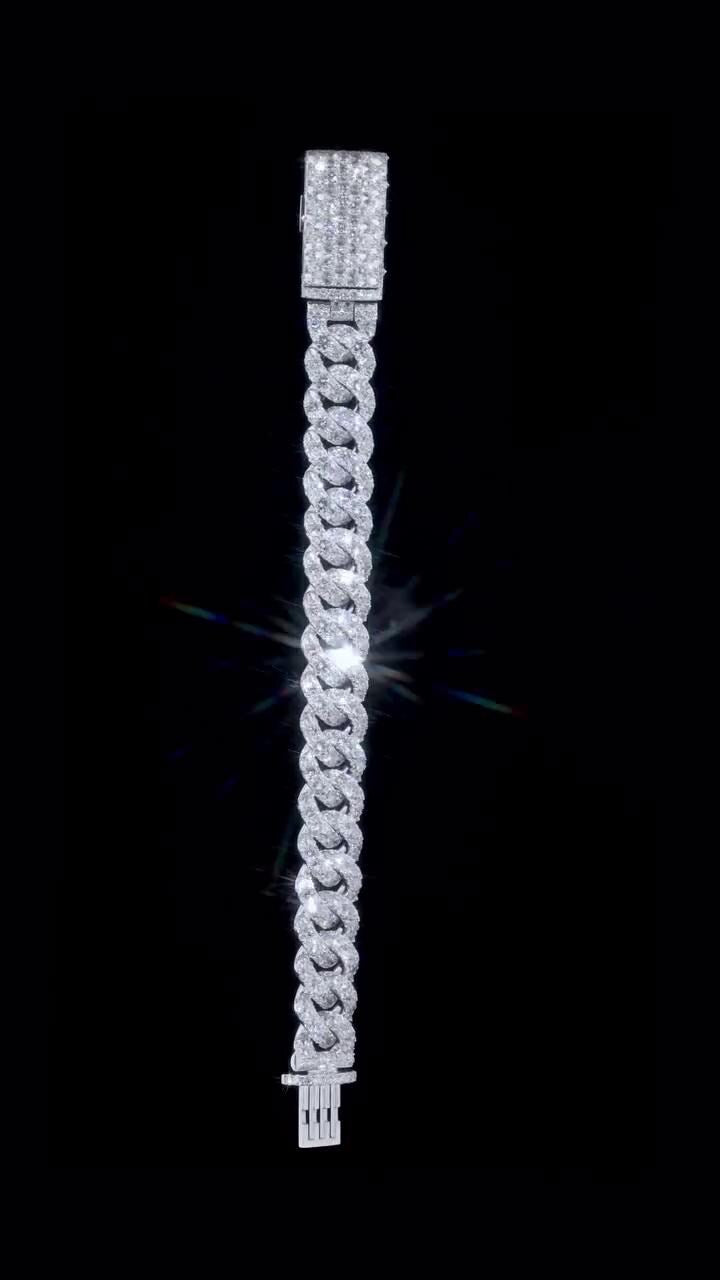 18mm Single Row Miami Cuban Link Bracelet, Rhodium Plated 925 Silver, VVS Moissanite, Passes Diamond Tester