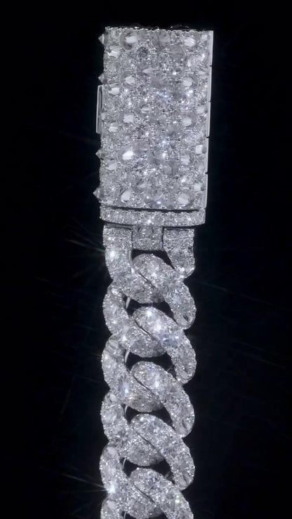 18mm Single Row Miami Cuban Link Bracelet, Rhodium Plated 925 Silver, VVS Moissanite, Passes Diamond Tester