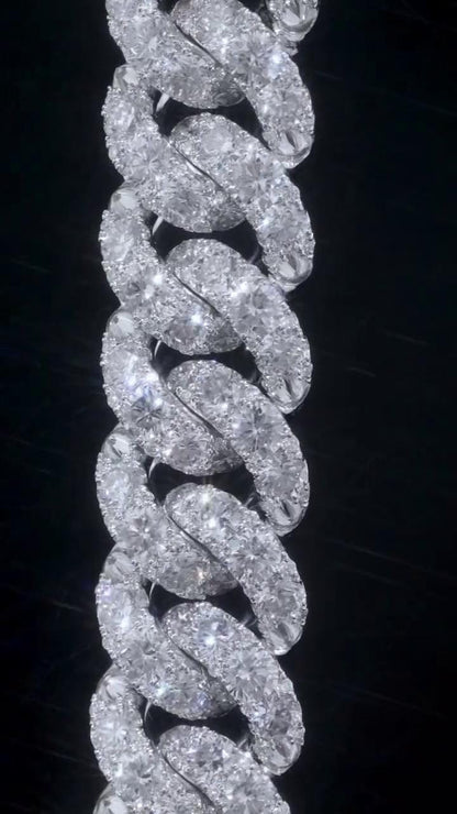 18mm Single Row Miami Cuban Link Bracelet, Rhodium Plated 925 Silver, VVS Moissanite, Passes Diamond Tester