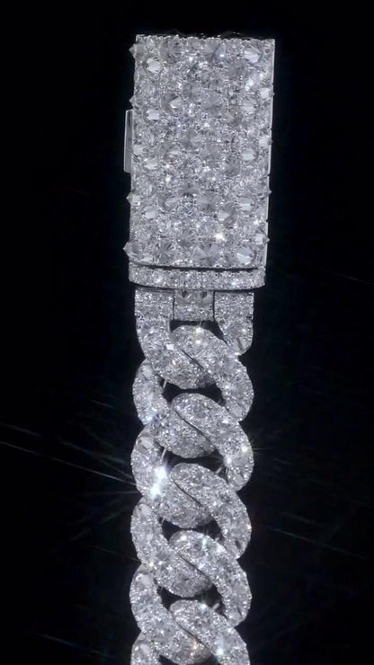 18mm Single Row Miami Cuban Link Bracelet, Rhodium Plated 925 Silver, VVS Moissanite, Passes Diamond Tester
