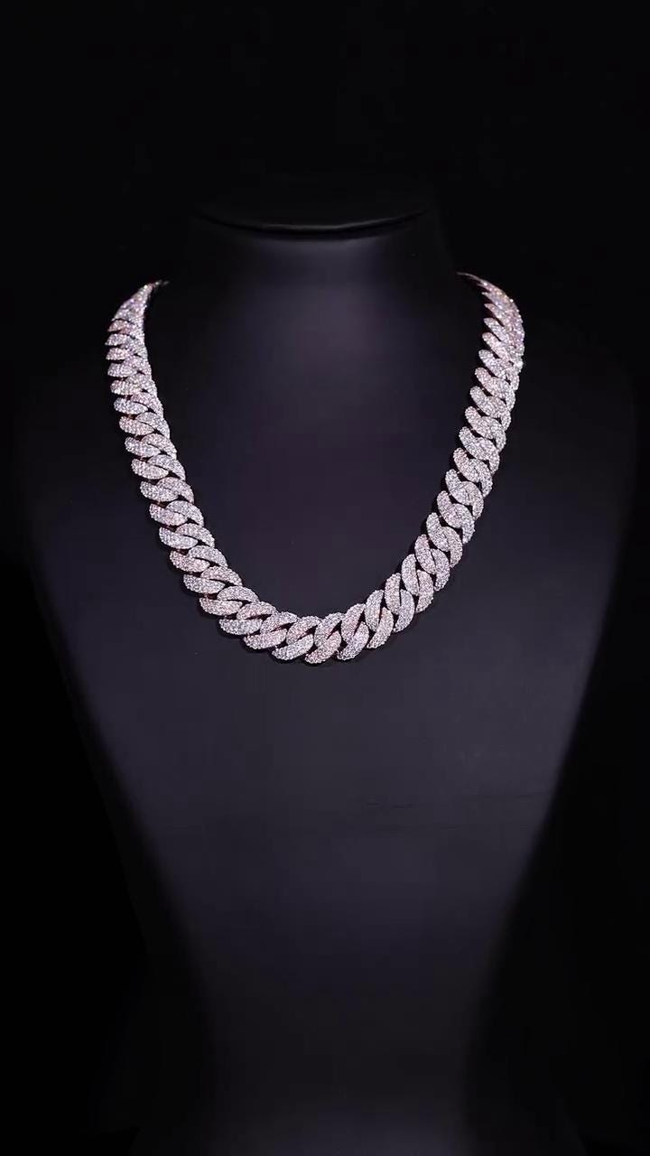 16mm 3-Row Pavé Miami Cuban Link Chain with Custom Clasp, D Color VVS1 Moissanite, 925 Sterling Silver