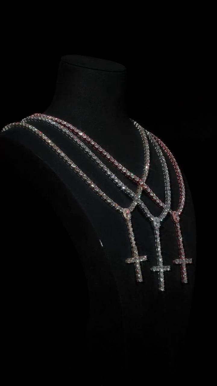 5mm VVS1 Moissanite Rosary Necklace, 925 Sterling Silver Tennis Chain with Cross, White, Yellow or Rose Gold Tone