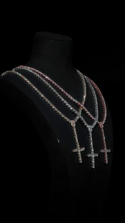 5mm VVS1 Moissanite Rosary Necklace, 925 Sterling Silver Tennis Chain with Cross, White, Yellow or Rose Gold Tone