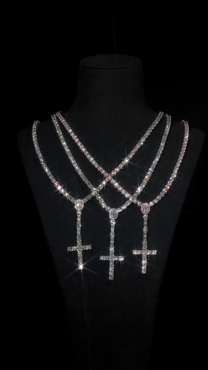 5mm VVS1 Moissanite Rosary Necklace, 925 Sterling Silver Tennis Chain with Cross, White, Yellow or Rose Gold Tone