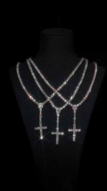 5mm VVS1 Moissanite Rosary Necklace, 925 Sterling Silver Tennis Chain with Cross, White, Yellow or Rose Gold Tone