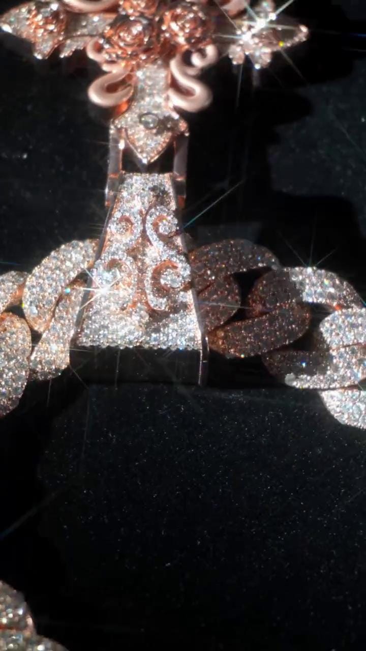 VVS1 Moissanite Gothic Rose Cross Pendant, Rose Gold Plated 925 Sterling Silver, 3 Inch, Passes Diamond Tester