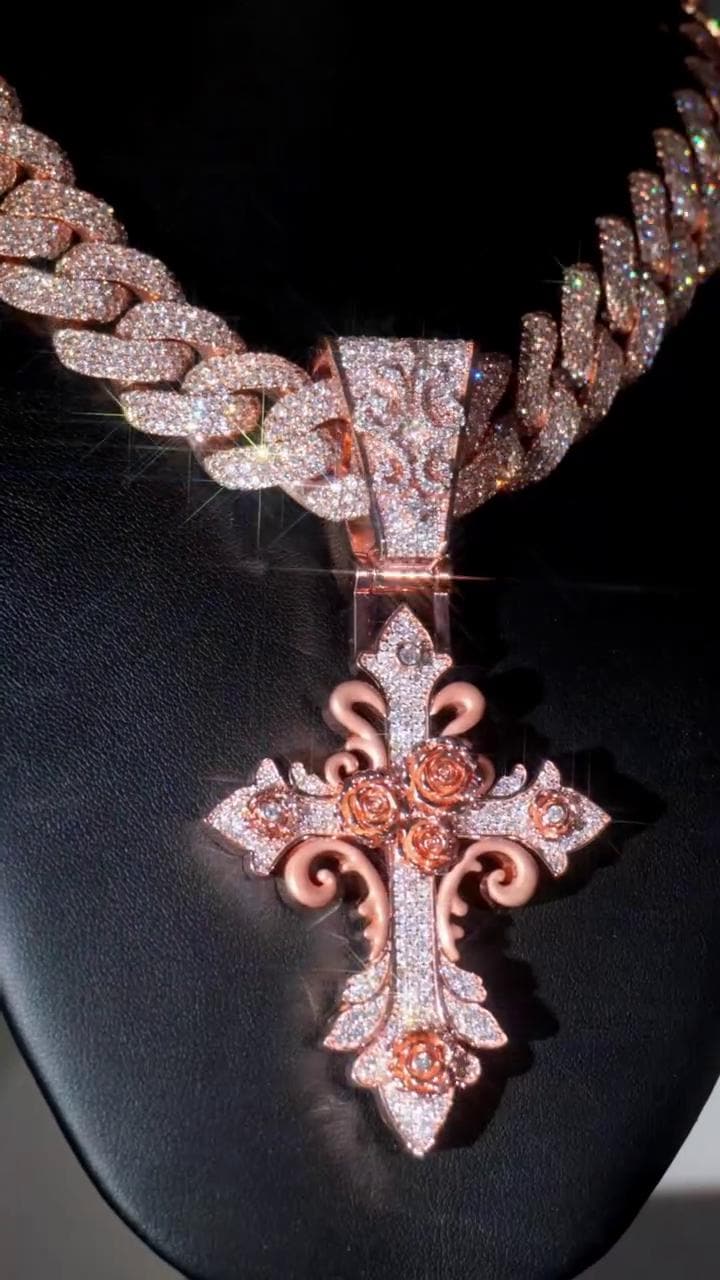 VVS1 Moissanite Gothic Rose Cross Pendant, Rose Gold Plated 925 Sterling Silver, 3 Inch, Passes Diamond Tester