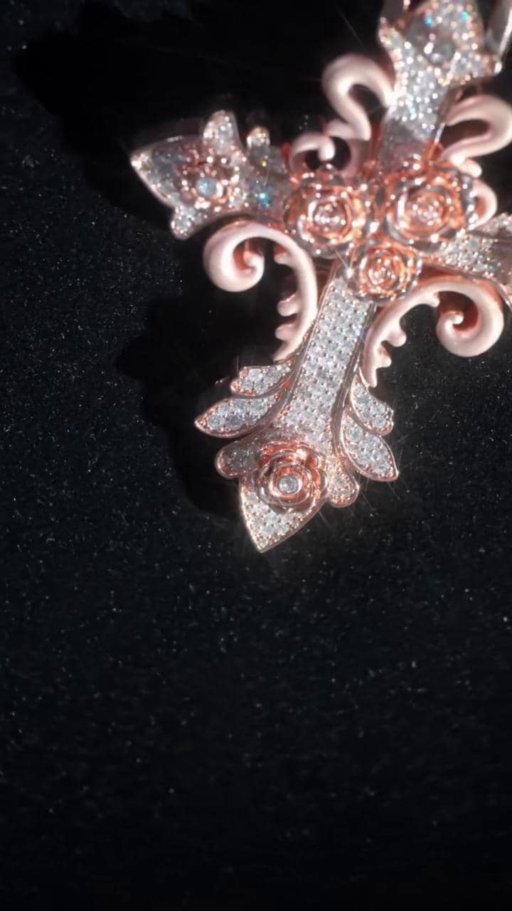 VVS1 Moissanite Gothic Rose Cross Pendant, Rose Gold Plated 925 Sterling Silver, 3 Inch, Passes Diamond Tester