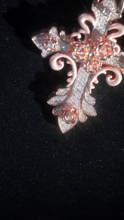 VVS1 Moissanite Gothic Rose Cross Pendant, Rose Gold Plated 925 Sterling Silver, 3 Inch, Passes Diamond Tester