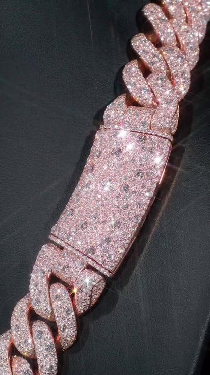 22mm Miami Cuban Link Chain, Galaxy set D Color VVS1 Moissanite, Rose Gold Plated 925 Sterling Silver, Passes Diamond Tester