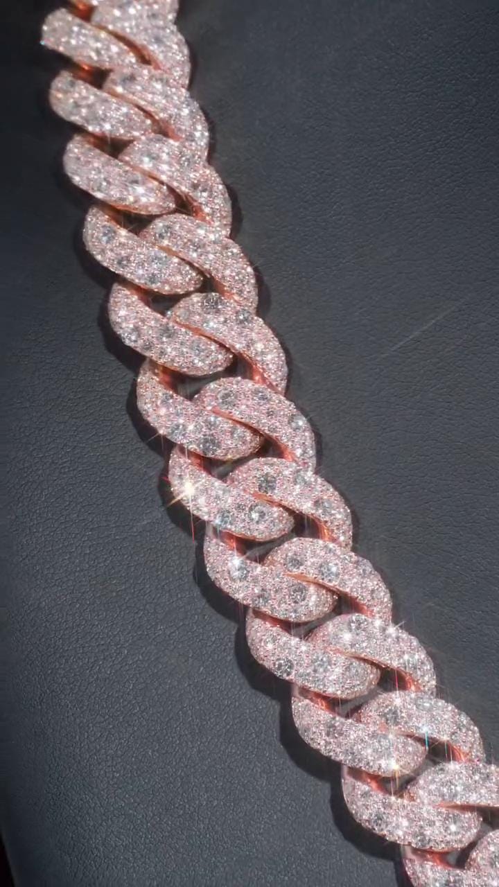 22mm Miami Cuban Link Chain, Galaxy set D Color VVS1 Moissanite, Rose Gold Plated 925 Sterling Silver, Passes Diamond Tester