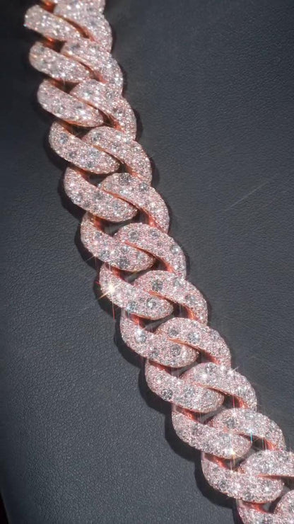 22mm Miami Cuban Link Chain, Galaxy set D Color VVS1 Moissanite, Rose Gold Plated 925 Sterling Silver, Passes Diamond Tester