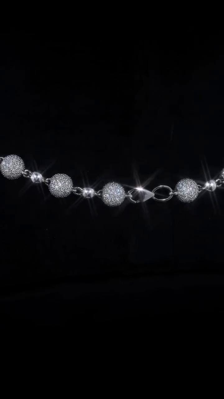 Iced Out Ball Chain Necklace, 8mm Moissanite & 5mm Polished Balls, 925 Sterling Silver, Hip Hop Chain